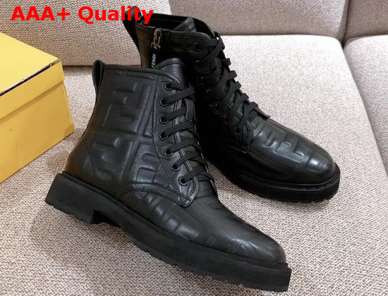 Fendi Ankle Boots Black Leather Ankle Biker Boots Black Nappa Leather with All Over Embossed FF Motif Replica