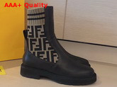 Fendi Ankle Boots in Black Calf Leather and Stretch Fabric Printed with FF Motif Replica