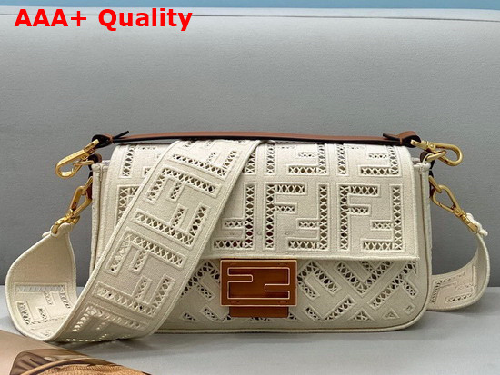 Fendi Baguette Bag Made of Undyed Canvas with a Jour Embroidered FF Motif White Replica