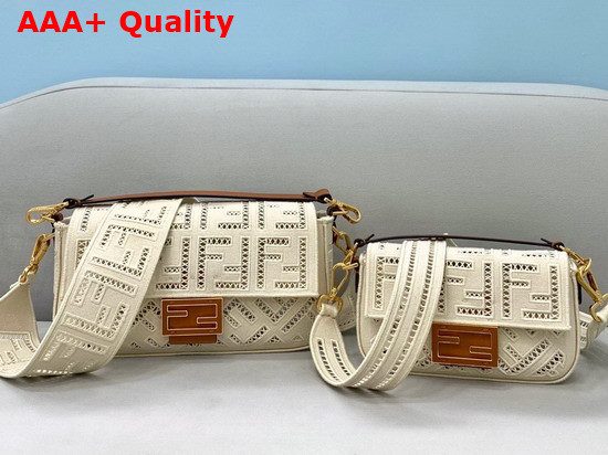 Fendi Baguette Bag Made of Undyed Canvas with a Jour Embroidered FF Motif White Replica