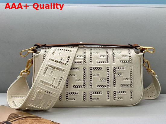 Fendi Baguette Bag Made of Undyed Canvas with a Jour Embroidered FF Motif White Replica