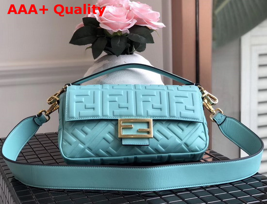 Fendi Baguette Bag in Medium Size Light Blue Lambskin with an All Over FF Motif Replica