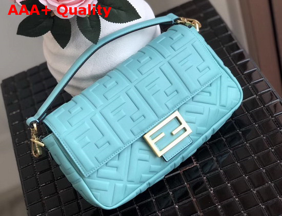 Fendi Baguette Bag in Medium Size Light Blue Lambskin with an All Over FF Motif Replica