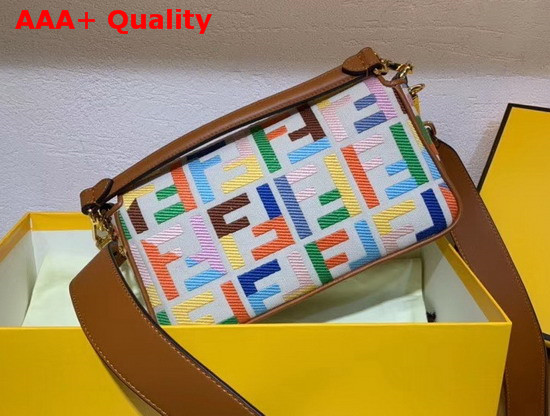 Fendi Baguette Beige Canvas Bag FF Motif Embroidered in Multicolor Thread Replica