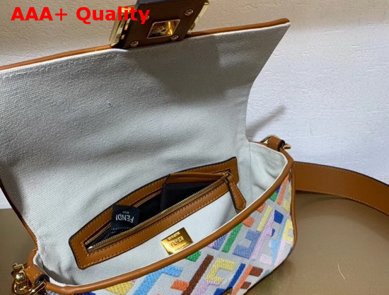 Fendi Baguette Beige Canvas Bag FF Motif Embroidered in Multicolor Thread Replica