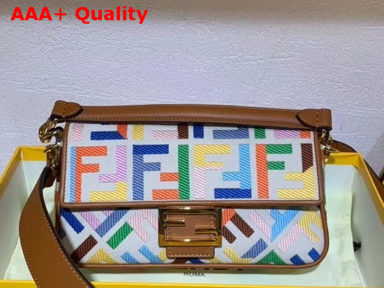 Fendi Baguette Beige Canvas Bag FF Motif Embroidered in Multicolor Thread Replica