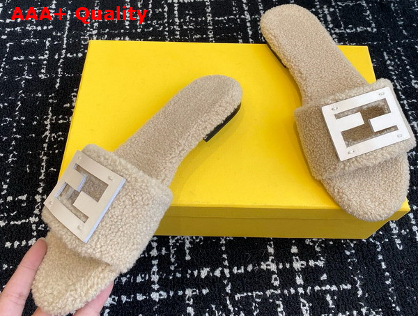 Fendi Baguette Beige Shearling Slides Replica