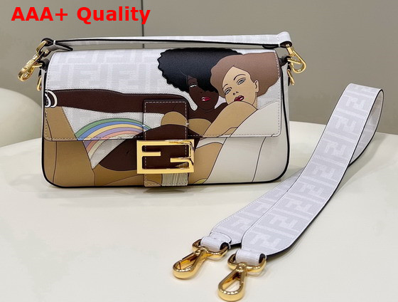 Fendi Baguette FF White Glazed Fabric Bag with Inlay Replica