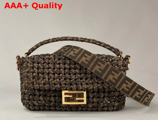 Fendi Baguette Jacquard Fabric Interlace Bag in Brown Replica