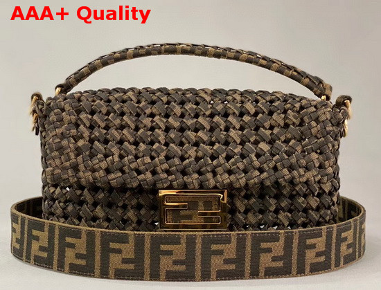 Fendi Baguette Jacquard Fabric Interlace Bag in Brown Replica