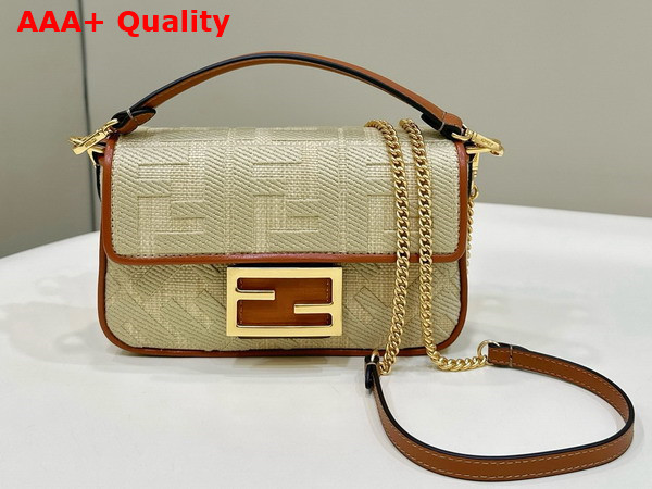 Fendi Baguette Mini Natural Straw Bag with FF Embroidery Beige Replica