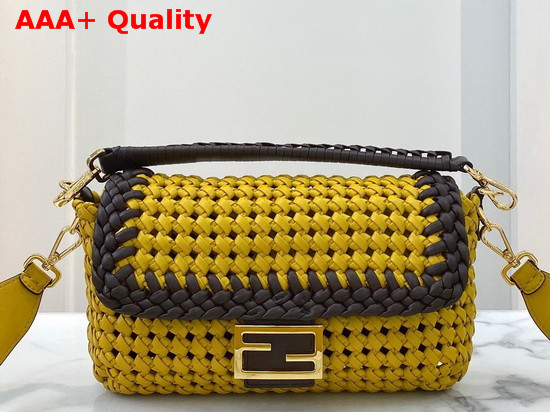 Fendi Baguette Yellow Leather Interlace Bag Replica
