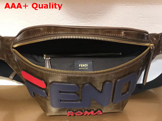 Fendi Belt Bag in Brown Glazed Fabric with FF Motif Decorated with Fendi Mania Lettering in Leather Replica