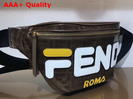 Fendi Belt Bag in Brown Glazed Fabric with Fendi Mania Lettering in Leather Replica