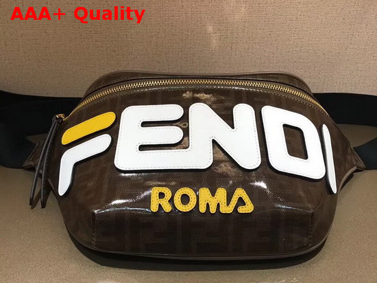 Fendi Belt Bag in Brown Glazed Fabric with Fendi Mania Lettering in Leather Replica