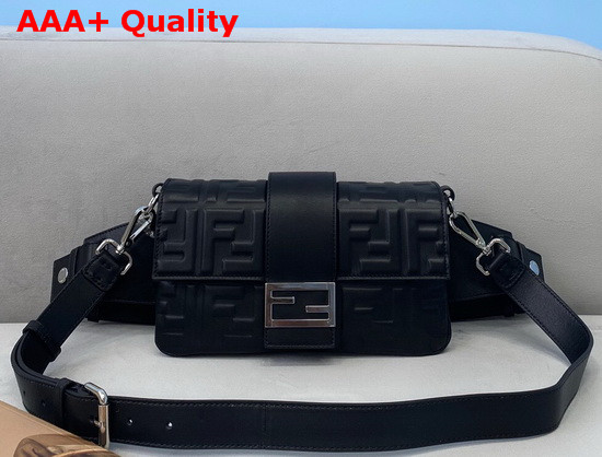 Fendi Belt Baguette Bag in Black Nappa Leather with Embossed FF Motif Replica