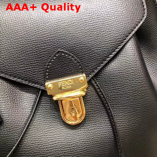 Fendi Black Leather Backpack with Metal Handle Shaped Like The New Fendi Logo Replica