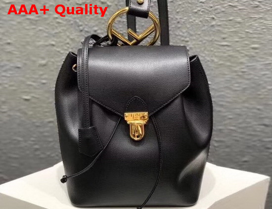 Fendi Black Leather Backpack with Metal Handle Shaped Like The New Fendi Logo Replica