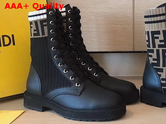 Fendi Black Leather Biker Boots Calf Leather with Stretch Fabric Replica