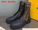 Fendi Black Leather Biker Boots with Brown Stretch Fabric FF Motif Replica