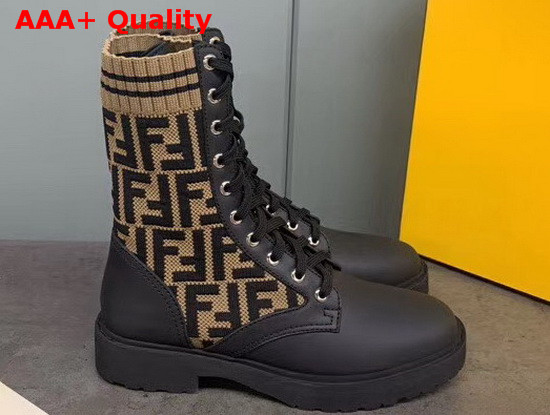 Fendi Black Leather Biker Boots with Brown Stretch Fabric FF Motif Replica
