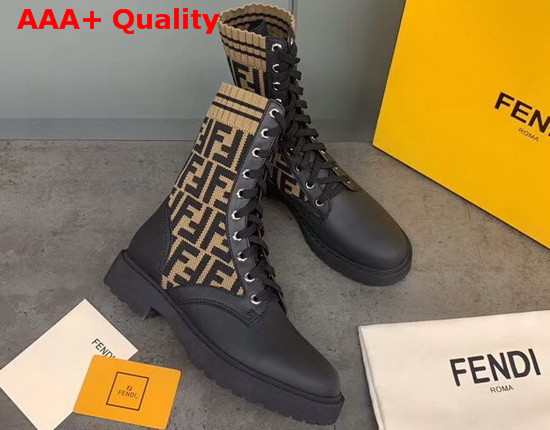 Fendi Black Leather Biker Boots with Brown Stretch Fabric FF Motif Replica
