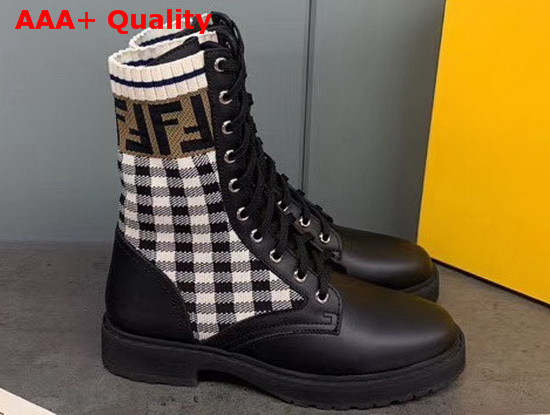 Fendi Black Leather Biker Boots with Check Pattern Stretch Fabric Inserts Replica