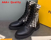 Fendi Black Leather Biker Boots with Check Pattern Stretch Fabric Inserts Replica