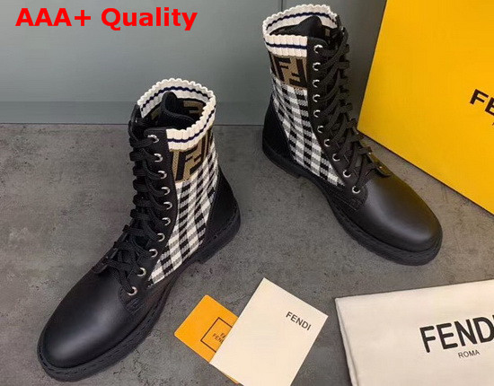 Fendi Black Leather Biker Boots with Check Pattern Stretch Fabric Inserts Replica