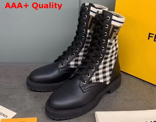 Fendi Black Leather Biker Boots with Check Pattern Stretch Fabric Inserts Replica