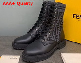 Fendi Black Leather Biker Boots with Gray Stretch Fabric FF Motif Replica