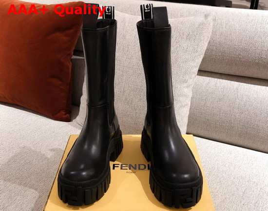 Fendi Black Leather Biker Style Promenade Boots with Thick Lug Sole in Rubber White Details Replica