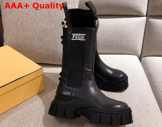 Fendi Black Leather Biker Style Promenade Boots with Thick Lug Sole in Rubber White Details Replica