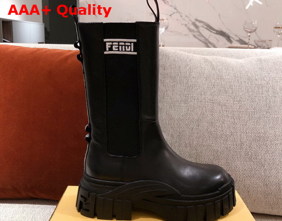 Fendi Black Leather Biker Style Promenade Boots with Thick Lug Sole in Rubber White Details Replica