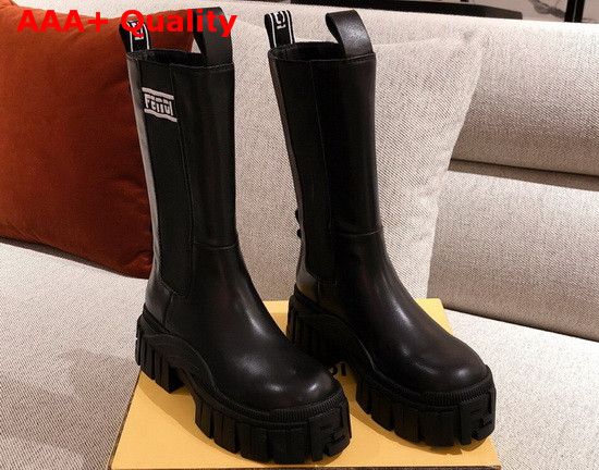 Fendi Black Leather Biker Style Promenade Boots with Thick Lug Sole in Rubber White Details Replica