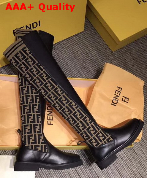 Fendi Black Leather Thigh High Boots with Round Toe and Distinctive High Boot Leg in Stretch Fabric Replica