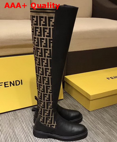 Fendi Black Leather Thigh High Boots with Round Toe and Distinctive High Boot Leg in Stretch Fabric Replica