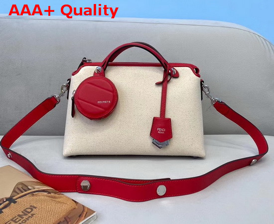Fendi By The Way Medium White Canvas Boston Bag with Red Leather Trims Replica