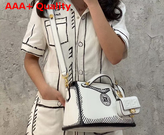 Fendi By The Way Medium White Leather Printed Boston Bag Replica