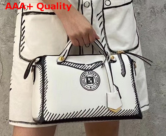 Fendi By The Way Medium White Leather Printed Boston Bag Replica