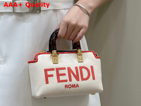 Fendi By The Way Mini Beige Canvas Small Boston Bag with Fendi Roma Embroidery Replica