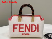Fendi By The Way Mini Beige Canvas Small Boston Bag with Fendi Roma Embroidery Replica