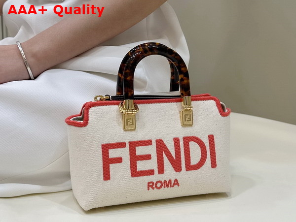 Fendi By The Way Mini Beige Canvas Small Boston Bag with Fendi Roma Embroidery Replica