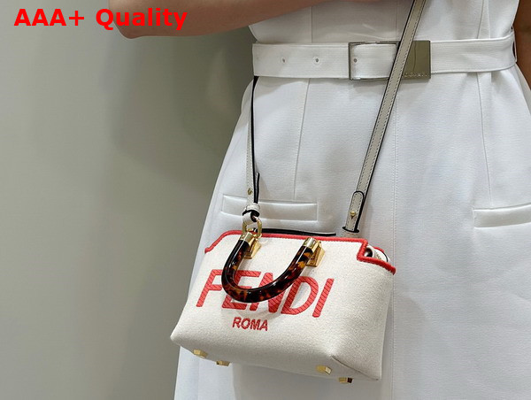 Fendi By The Way Mini Beige Canvas Small Boston Bag with Fendi Roma Embroidery Replica