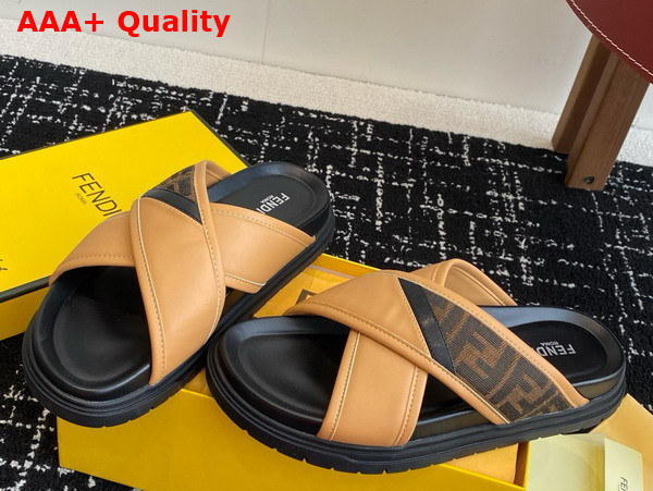 Fendi Cross Slides in Brown FF Jacquard and Beige Leather Replica