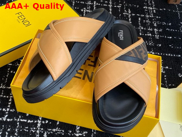 Fendi Cross Slides in Brown FF Jacquard and Beige Leather Replica
