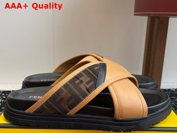Fendi Cross Slides in Brown FF Jacquard and Beige Leather Replica