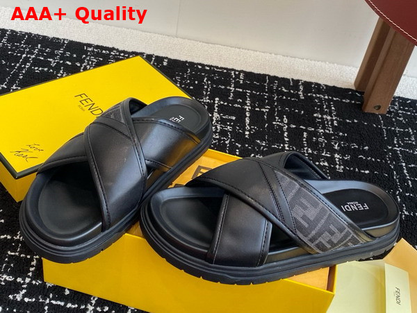 Fendi Cross Slides in Gray FF Jacquard and Black Leather Replica