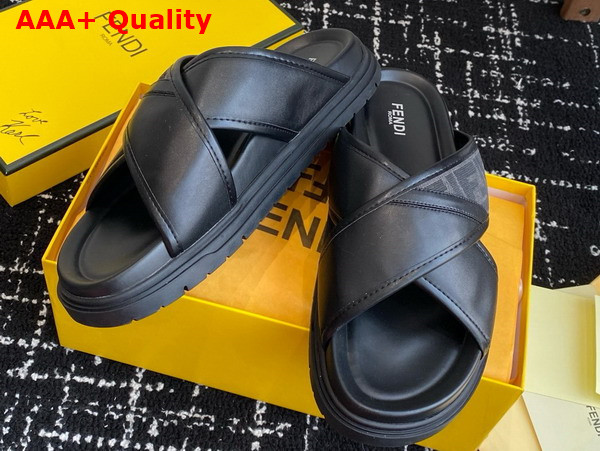 Fendi Cross Slides in Gray FF Jacquard and Black Leather Replica