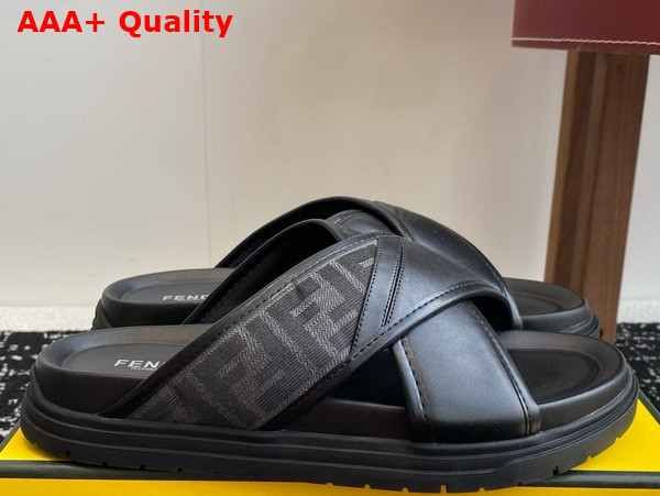 Fendi Cross Slides in Gray FF Jacquard and Black Leather Replica